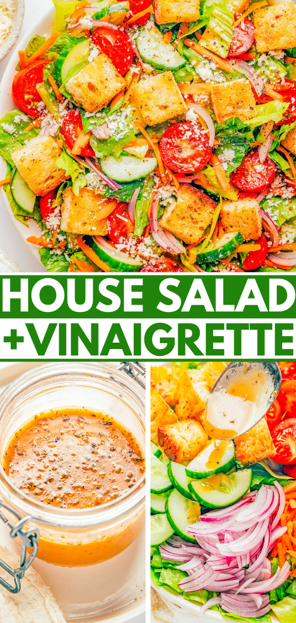 Classic House Salad - An EASY side salad recipe to serve with your favorite entree or alongside the main course! Made with common ingredients that you likely have already, but it's flexible and adaptable so you can ADD anything else you have on hand! The simple vinaigrette is easy, light, and flavorful but your favorite salad dressing also works.