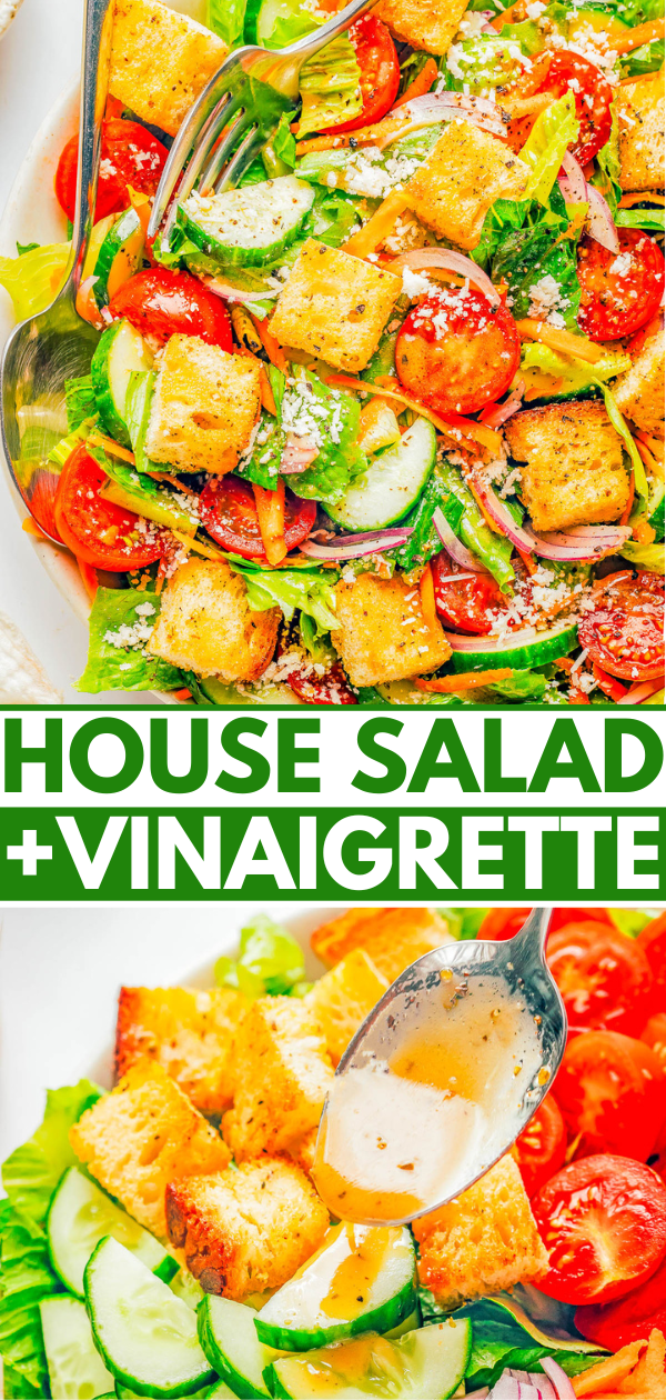 Classic House Salad - An EASY side salad recipe to serve with your favorite entree or alongside the main course! Made with common ingredients that you likely have already, but it's flexible and adaptable so you can ADD anything else you have on hand! The simple vinaigrette is easy, light, and flavorful but your favorite salad dressing also works.