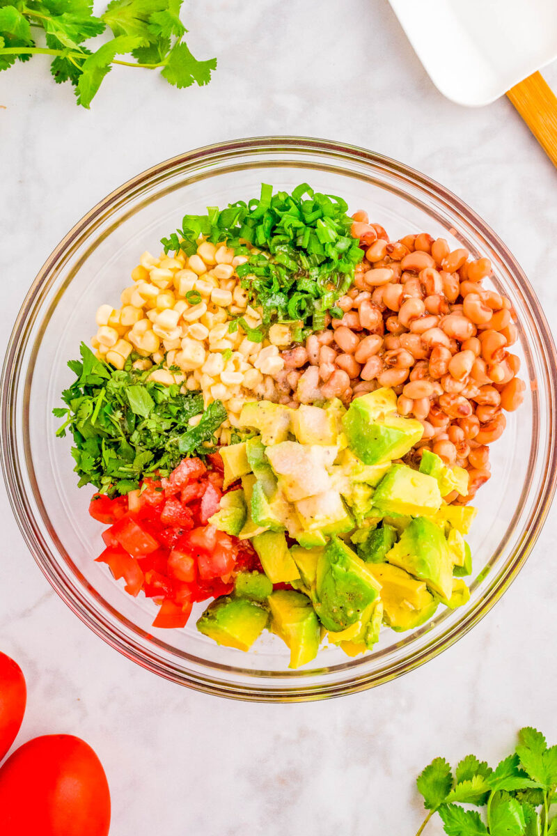 Texas Caviar ingredients in a glass bowl.
