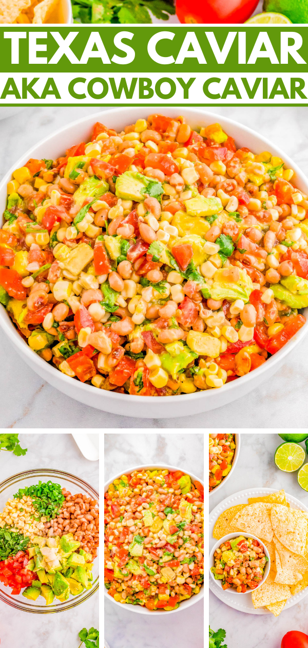 Texas Caviar - You don't need to buy this FAST and EASY crave-worthy appetizer or snack recipe made with Tex-Mex inspired ingredients including black eyed peas, tomatoes, corn, avocado, and a seasoned lime-cumin dressing! Serve it as a dip with tortilla chips at your next backyard barbecue, picnic, game day party, or for a holiday party. It's good luck to eat black eyed peas in the new year!