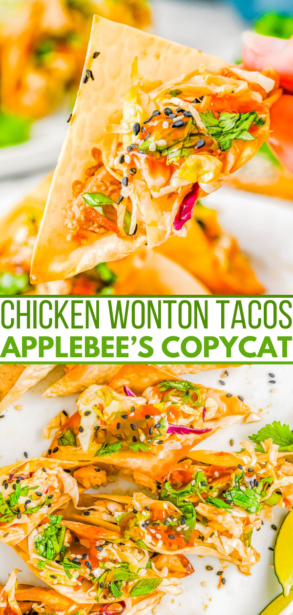 Copycat Applebee's Chicken Wonton Tacos — Crispy, crunchy wonton wrappers are filled with succulent teriyaki chicken and topped with sesame ginger coleslaw to create the best ever chicken wonton tacos! This is a homemade version of Applebee's wonton tacos, but fresher and tastier. If you love Asian-fusion recipes, you’re going to love these tacos!   