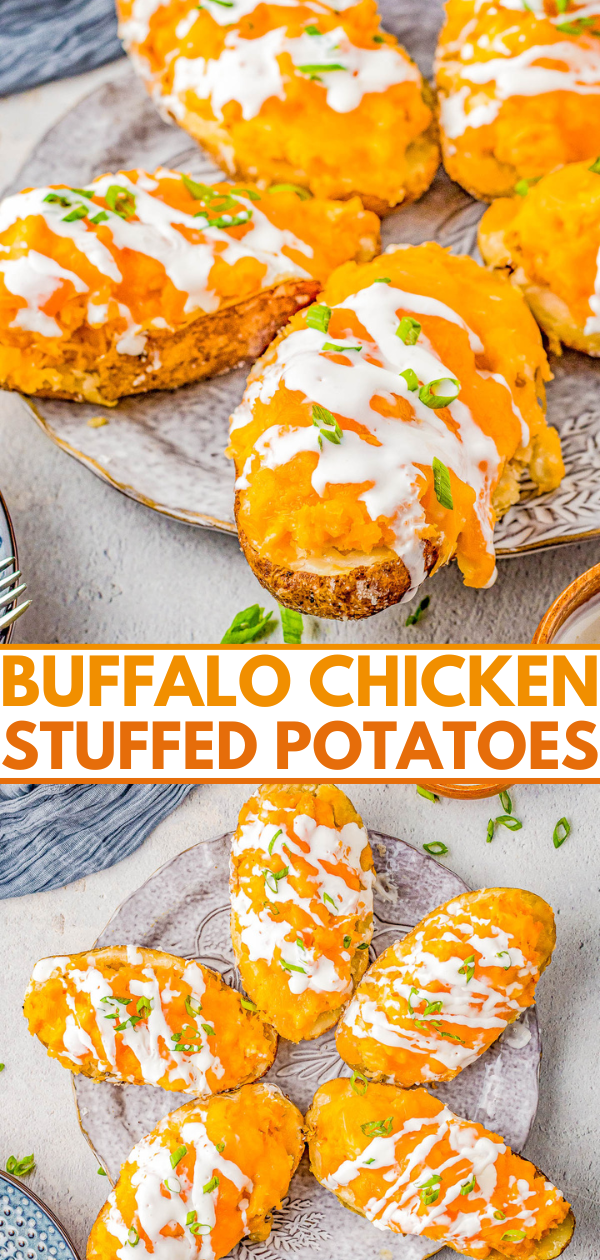 Buffalo Chicken Stuffed Potatoes – If you love the tang and heat of buffalo chicken wings, then you're going to love these EASY stuffed potatoes! Chock full of shredded buffalo chicken, cheddar and mozzarella cheeses, cream cheese, and sour cream, I promise these are a COMFORT FOOD delight! Whether you make them as a main dish for a weeknight dinner, as a party appetizer, or as a game day snack, everyone LOVES them! 