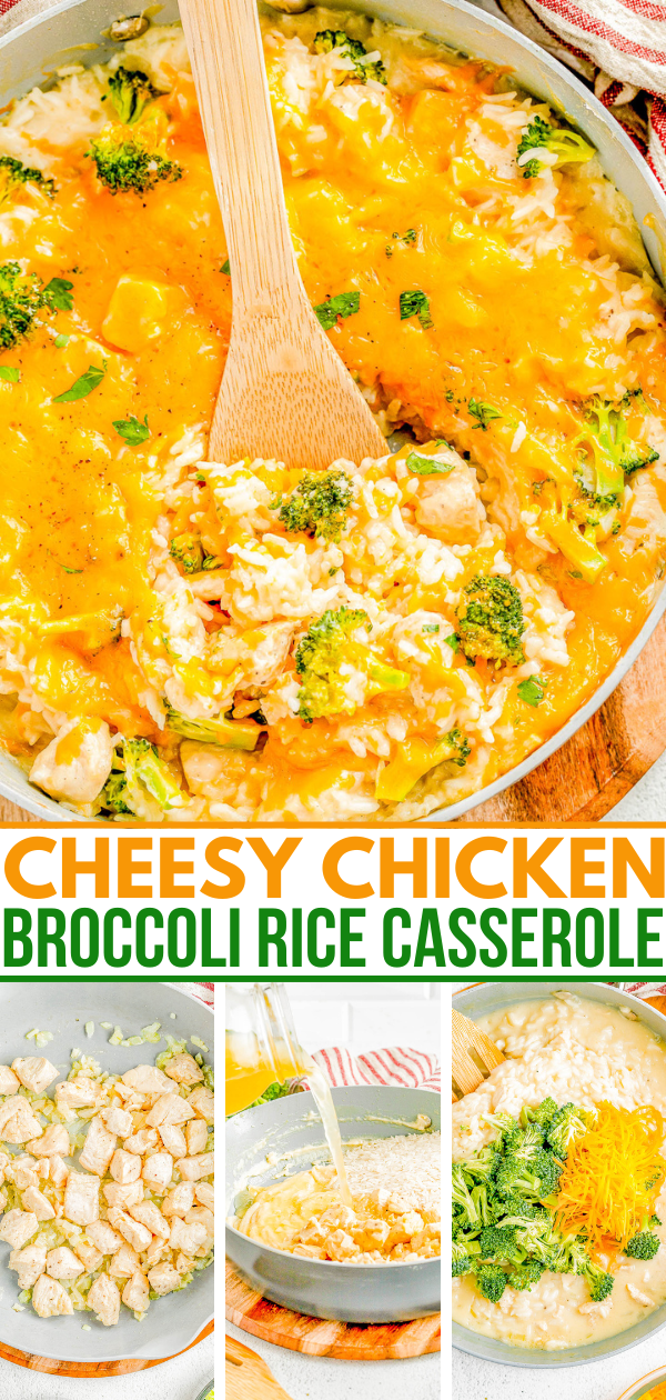30-Minute Chicken Broccoli and Rice Casserole — This casserole is quick, EASY, and made in one skillet on your stove! No baking required. This recipe is a meal-in-one with protein, veggies, and carbs and is ready in just 30 minutes! It’s perfect for busy weeknights and can be CUSTOMIZED using whatever veggies you have on hand! 