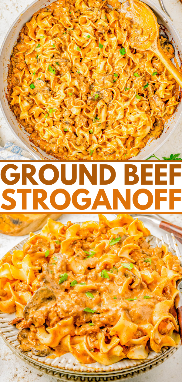 30-Minute Ground Beef Stroganoff — This quick recipe tastes just like traditional beef stroganoff, but with ground beef instead of steak tips! Using ground beef keeps this meal budget-friendly and reduces the prep work significantly. Serve the RICH and CREAMY stroganoff over egg noodles or mashed potatoes for an EASY dinner the whole family will love! 
