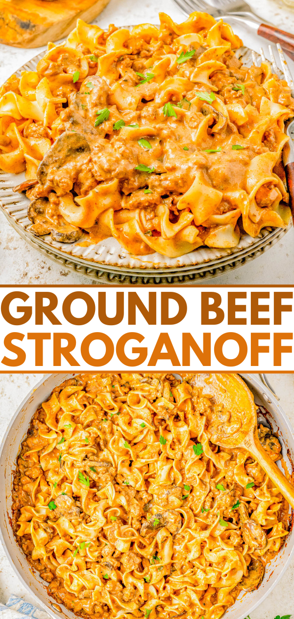 30-Minute Ground Beef Stroganoff — This quick recipe tastes just like traditional beef stroganoff, but with ground beef instead of steak tips! Using ground beef keeps this meal budget-friendly and reduces the prep work significantly. Serve the RICH and CREAMY stroganoff over egg noodles or mashed potatoes for an EASY dinner the whole family will love! 