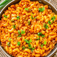 A pot of homemade hamburger helper.