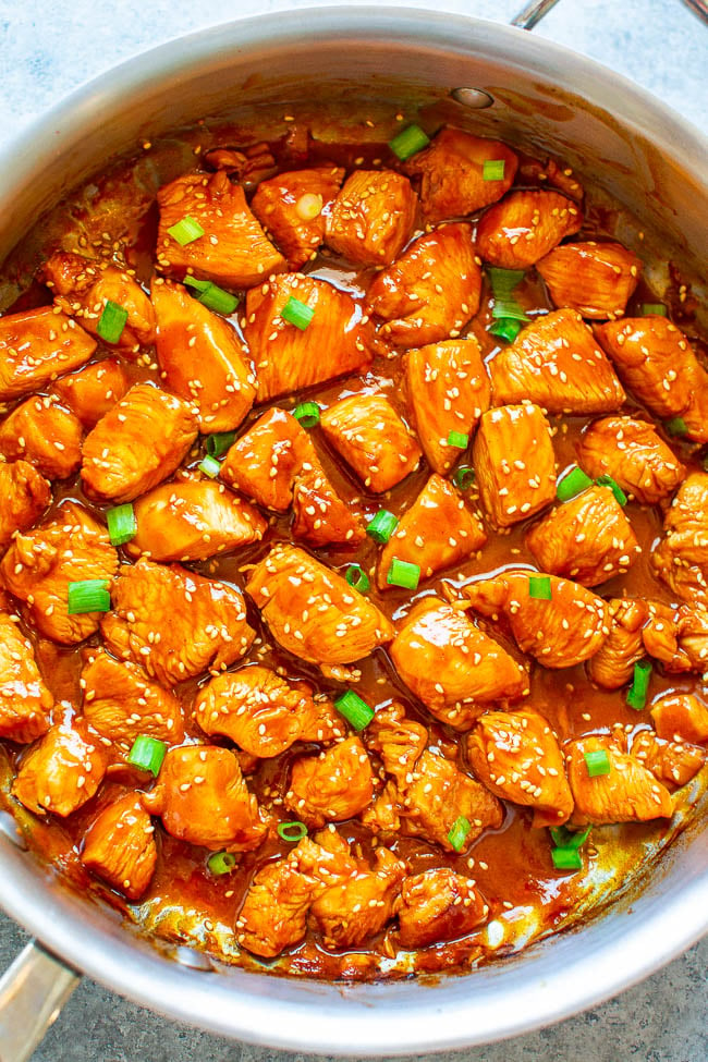 15-Minute Spicy Korean Skillet Chicken - Fast, EASY, perfectly SPICY chicken that's so tender and juicy!! Who needs takeout or a restaurant when you can make this AWESOME chicken at home in 15 minutes!!