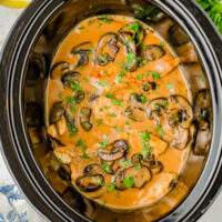 Overhead image of chicken marsala in a slow cooker.