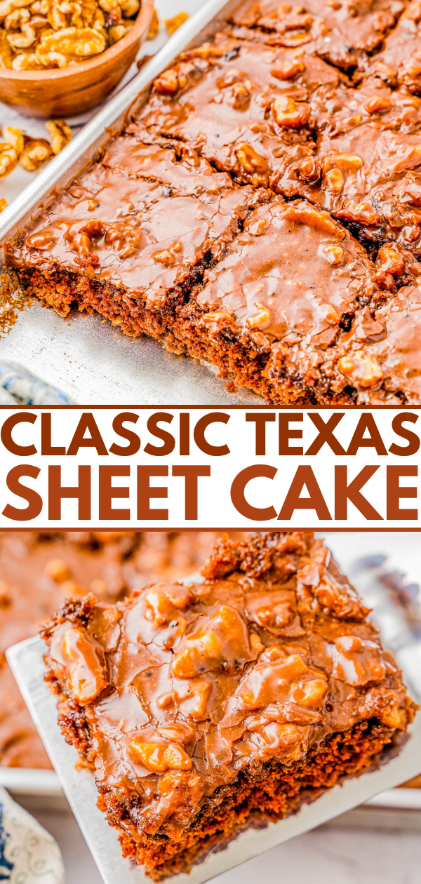 Texas Sheet Cake –  An EASY no-mixer recipe for classic Texas sheet cake that's so rich in chocolate flavor thanks to the moist chocolate cake itself and to the chocolate frosting with walnuts for a bit of crunch in every bite! Ready in less than 1 hour, and it feeds a crowd, making this a perfect party or celebration cake any time of year!