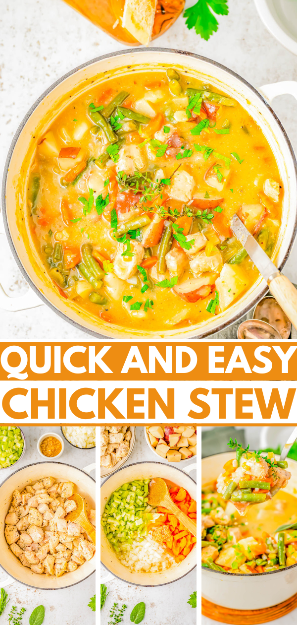 Easy Chicken Stew - You don't need to wait all day for this one-pot comfort food chicken stew recipe that's ready in 45 minutes! It's chock full of juicy chicken, buttery potatoes, tender carrots, celery, green beans, and seasoned to perfection with a variety of herbs and spices! EASY and great for busy weeknights, lazy weekends, chilly weather, or when you're craving hearty COMFORT food!