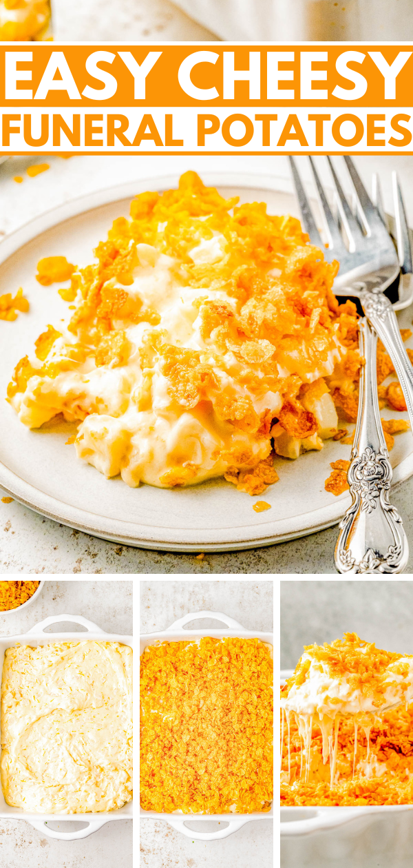 Cheesy Funeral Potatoes — This casserole is creamy, CHEESY, and topped with crunchy Corn Flakes! It’s an easy side dish that feeds a crowd, so it’s perfect for potlucks, holidays like Thanksgiving and Christmas, and family gatherings. Just 10 minutes of active prep time make this one of the EASIEST casseroles ever! No funeral luncheon required to enjoy this comfort food family favorite!