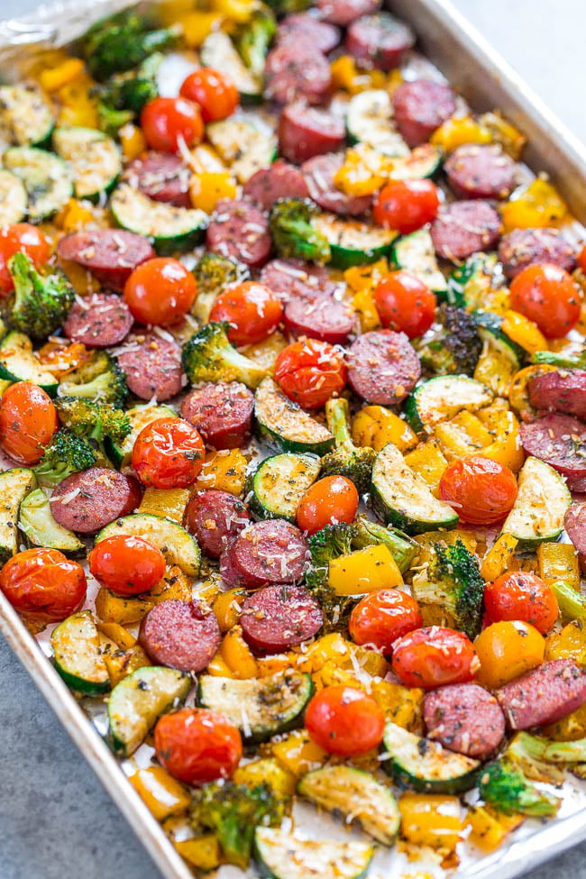 Sheet Pan Sausage and Veggies — This sheet pan sausage dinner can be made with your pre-cooked sausage of choice and is done in under an hour. Plus, this recipe is super customizable! 