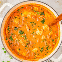 Overhead image of a pot of sausage tortellini soup.