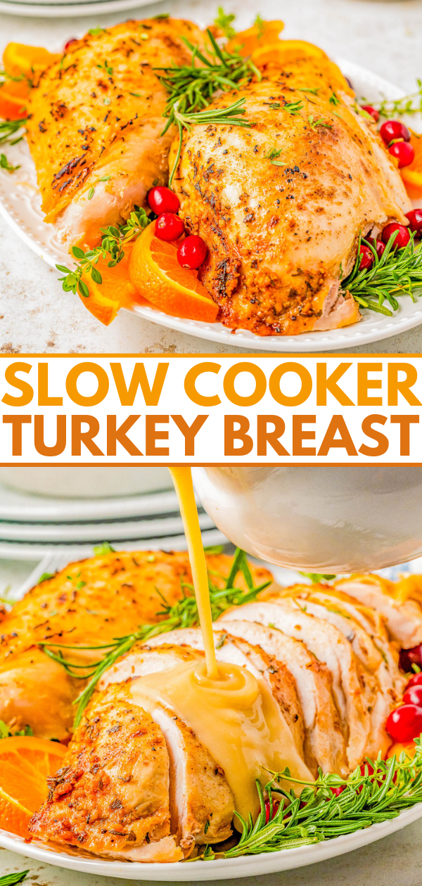 Slow Cooker Turkey Breast — Learn how to make a perfect turkey breast every time using your slow cooker! Making turkey breast in a Crockpot results in juicy, tender turkey every time and is nearly impossible to dry out! Save the drippings at the bottom of the slow cooker for making into turkey gravy. Whether you want to free up oven space for a holiday meal or you're looking for an easy weeknight dinner, this EASY recipe creates AMAZING turkey every time!   
