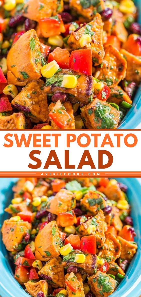 Roasted Sweet Potato Salad — This roasted sweet potato salad is tossed in a honey Dijon dressing. The sweet and savory flavors of this potato salad are to die for! 