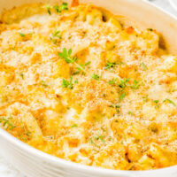 Cheesy Cauliflower Gratin in a white baking dish.