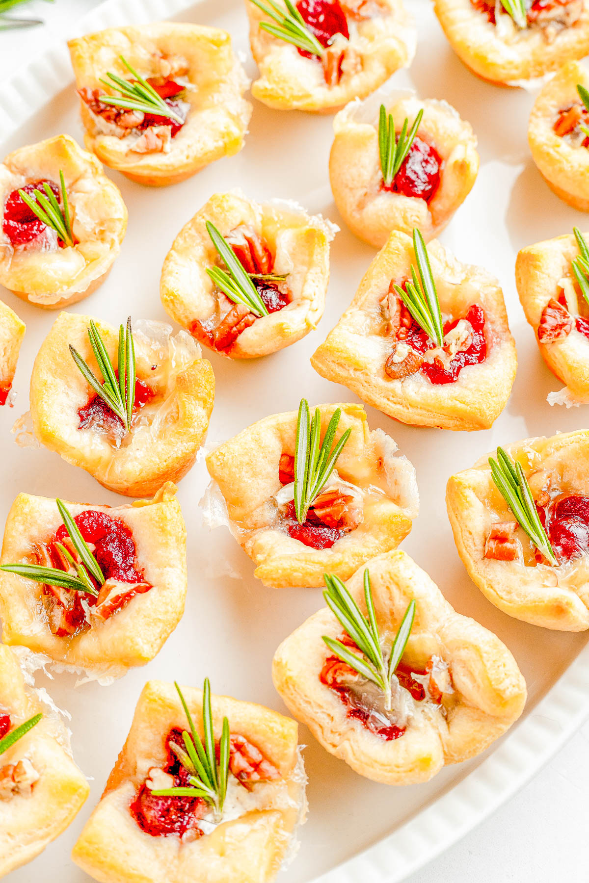 Cranberry Brie Bites - The perfect two-bite holiday appetizer recipe with melted brie cheese, sweet-tart cranberry sauce, and fresh rosemary all nestled inside a buttery soft crust! An EASY appetizer recipe with just 4 main ingredients that's ready in 30 minutes! PERFECT for Thanksgiving celebrations, holiday and Christmas parties, or for New Year's Eve!