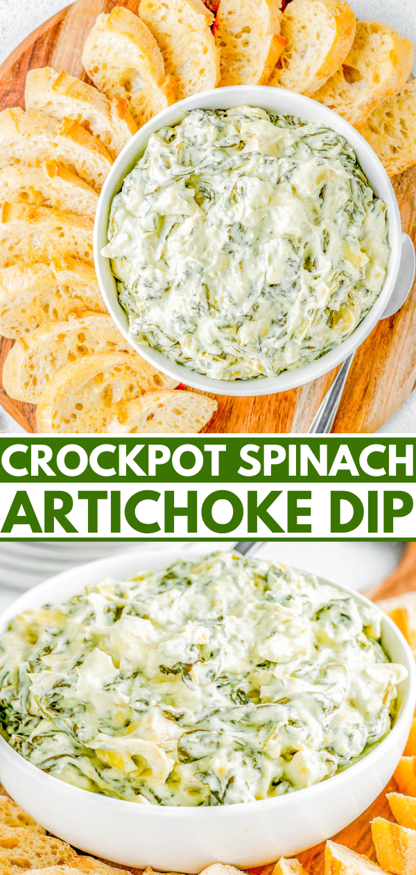Crockpot Spinach Artichoke Dip - Creamy, cheesy, and best of all SO EASY! Add the spinach, artichokes, mozzarella, and Parmesan to your slow cooker and let it do all the work! All you have to do is stir, serve, and watch everyone devour the dip! It's better than any restaurant version and perfect for holiday entertaining, Christmas and New Year's parties, Super Bowl, or anytime you need the BEST spinach and artichoke dip!