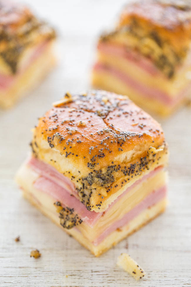 Ham and Cheese Sliders on a wooden surface