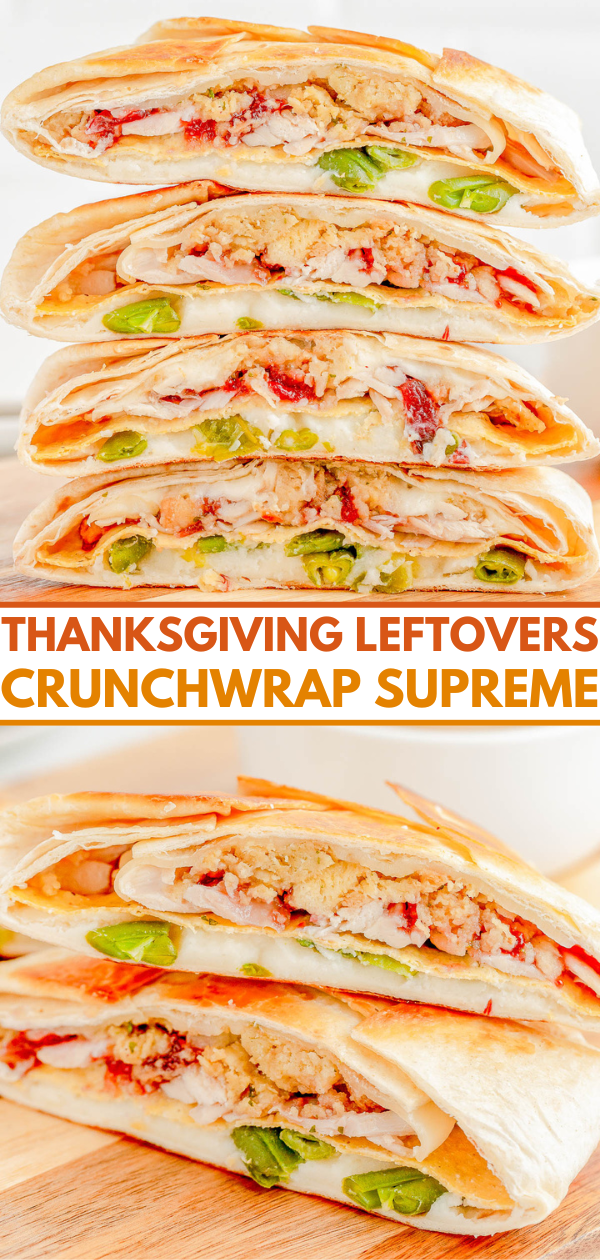 Thanksgiving Crunchwrap Supreme — Not sure what to do with all of those Thanksgiving leftovers? Turn them into Thanksgiving Crunchwraps! A soft flour tortilla and crunchy corn tostada base is piled high with your favorite Thanksgiving leftovers including turkey, mashed potatoes, stuffing, and more before sealing them, toasting, and dunking them in gravy. Leftovers never tasted so good!