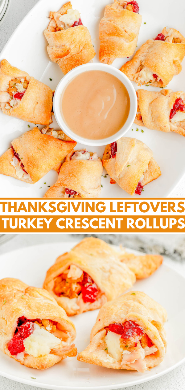 Thanksgiving Leftovers Turkey Crescent Rolls — Looking for a recipe to use a variety of your Thanksgiving leftovers? These stuffed crescent rolls are QUICK and EASY to make using leftovers from your Thanksgiving dinner including turkey, stuffing, mashed potatoes, and gravy! It’s a flexible recipe so feel free to use the leftovers you have on hand to make these crescent roll rollups.