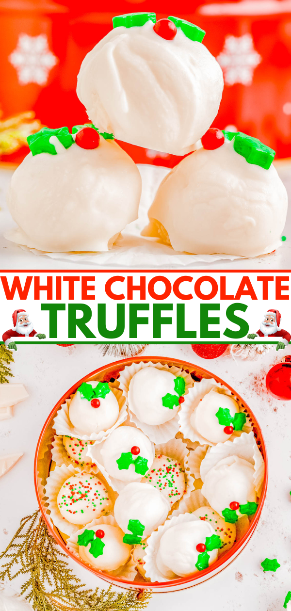 White Chocolate Truffles - Made with real butter, heavy cream, and a double dose of white chocolate in both the filling and the coating, these EASY truffles are CREAMY, decadent, and perfect for the holidays! Make this festive no-bake candy recipe for your next Christmas party, holiday entertaining, gift them to a special friend, or bring them along as a hostess gift. Everyone will appreciate these decadent little treats! 