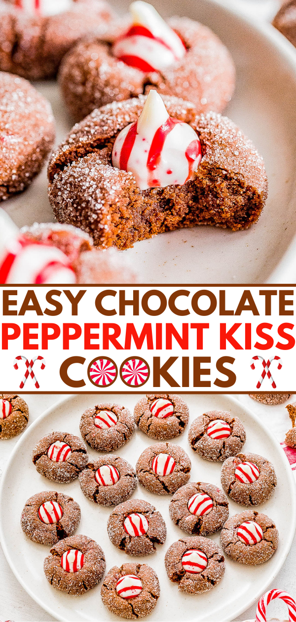 Chocolate Peppermint Kiss Cookies — Chocolate cookie dough is studded with crushed candy cane pieces and flavored with peppermint extract for incredible chocolate-peppermint flavor! These cookies are soft and chewy on the inside and slightly crisp on the outside thanks to the sugar coating. These are PERFECT peppermint Christmas cookies and everyone adores them at holiday parties and cookie exchanges! FAST and EASY too - no dough chilling required!