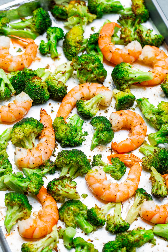 roasted shrimp and broccoli on a sheet pan 