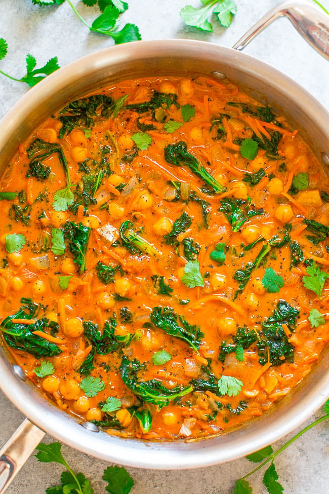 Chickpea and Kale Thai Coconut Curry - An EASY one-skillet vegan curry that’s ready in 15 minutes and has AMAZING Thai-inspired flavors!! Low-cal, low-carb, and HEALTHY but tastes like hearty comfort food!!