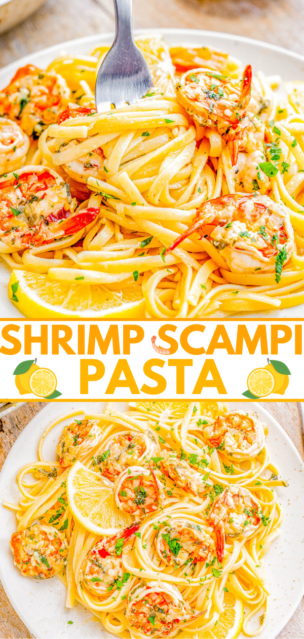 Shrimp Scampi Pasta - Indulge your taste buds with this elegant yet simple Italian-inspired dish! Made with succulent shrimp, zesty lemon, savory parmesan cheese, and al dente cooked pasta, this EASY restaurant-worthy recipe is ready in 15 minutes! PERFECT when you want to impress your guests but don't want to spend all day cooking! Save this one for not only an easy weeknight family dinner, but also for special occasions including holiday dinners, birthdays, anniversaries, or a date-night-in.