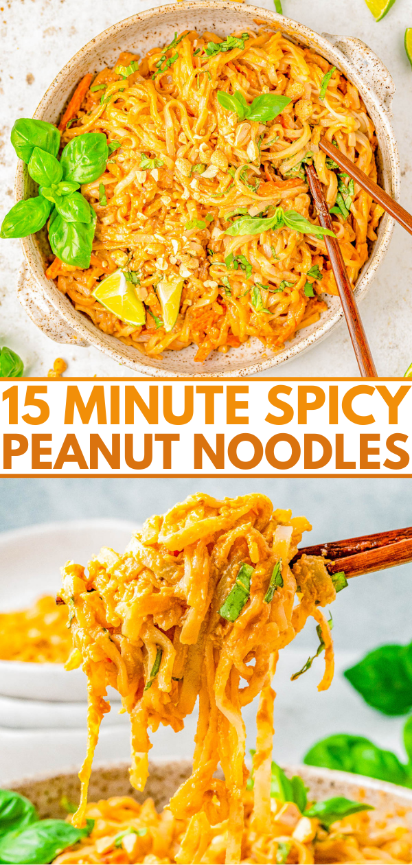 15-Minute Spicy Peanut Noodles - Drenched in spicy peanut sauce, this EASY recipe for peanut noodles is faster than calling for takeout! Homemade peanut sauce is amped up with sesame oil, ginger, soy, sriracha, and tossed with rice noodles for a great quick and easy lunch or busy weeknight dinner. Vegetarian and gluten-free comfort food that'll keep you satisfied for hours! Adding your favorite protein is always welcome. 