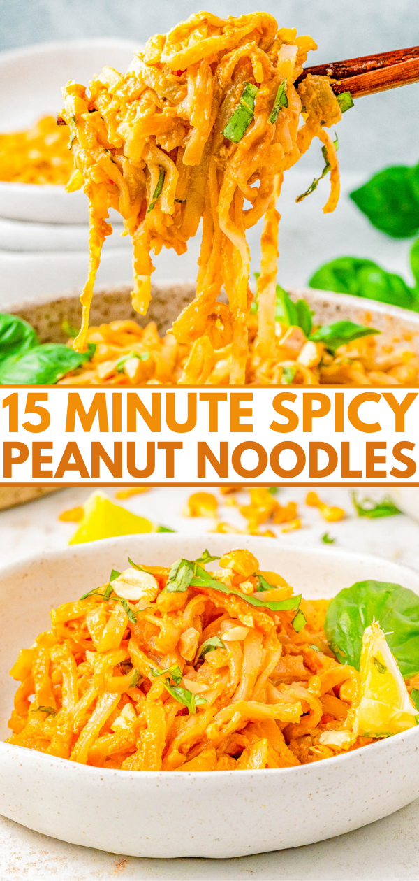 15-Minute Spicy Peanut Noodles - Drenched in spicy peanut sauce, this EASY recipe for peanut noodles is faster than calling for takeout! Homemade peanut sauce is amped up with sesame oil, ginger, soy, sriracha, and tossed with rice noodles for a great quick and easy lunch or busy weeknight dinner. Vegetarian and gluten-free comfort food that'll keep you satisfied for hours! Adding your favorite protein is always welcome. 