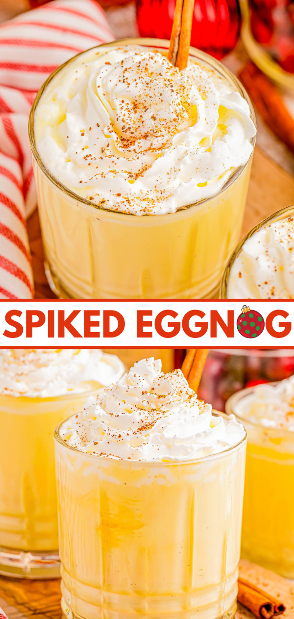 Spiked Eggnog with Amaretto and Spiced Rum - Wondering what to do with your eggnog? Making this EASY three-ingredient spiked eggnog cocktail recipe is the PERFECT idea! Smooth, rich and creamy with warm hints of cinnamon, cloves, and vanilla from the spiced rum and almond from the amaretto. Spiked eggnog will be a hit at your Christmas parties and New Years Eve party! Instructions on how to make a large batch or pitcher are provided.