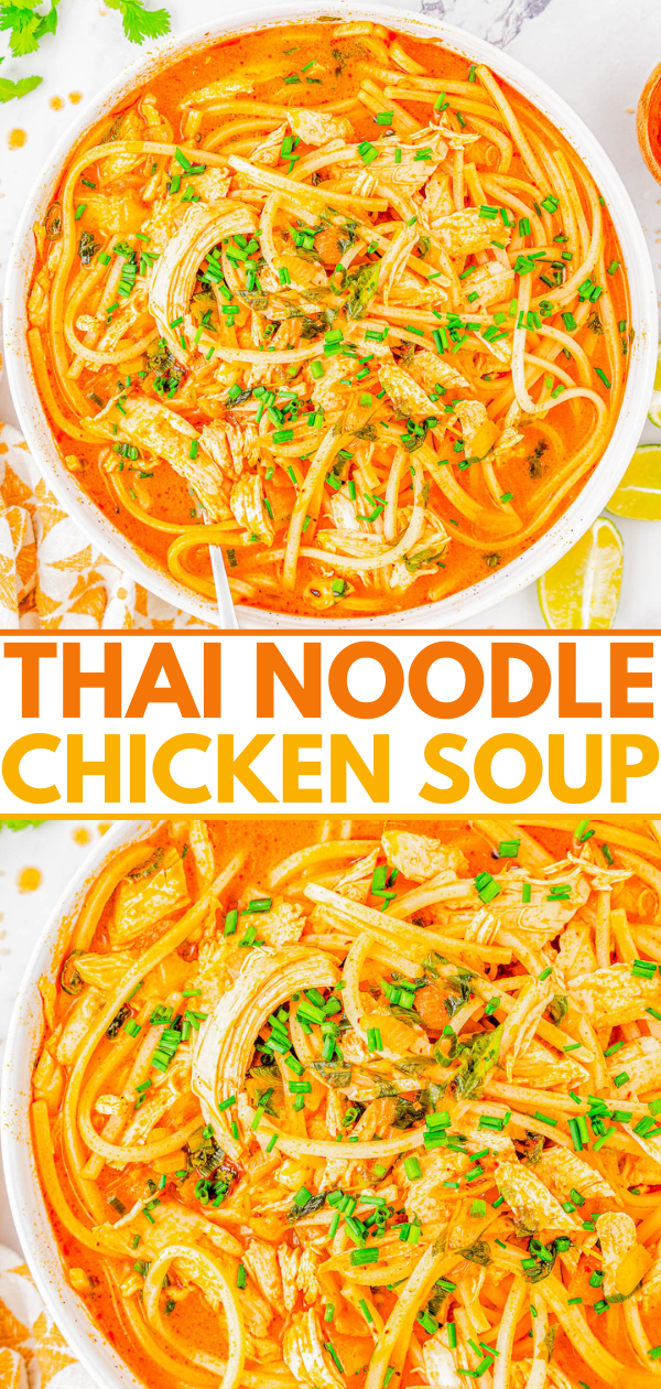 Thai Noodle Soup with Chicken - Recreate this Thai restaurant-inspired soup at home in 20 minutes! An EASY, one-pot recipe for this comforting soup made with shredded chicken, Thai red curry paste, coconut milk, basil, cilantro, green onions, and more! Healthy comfort food never tasted so good!