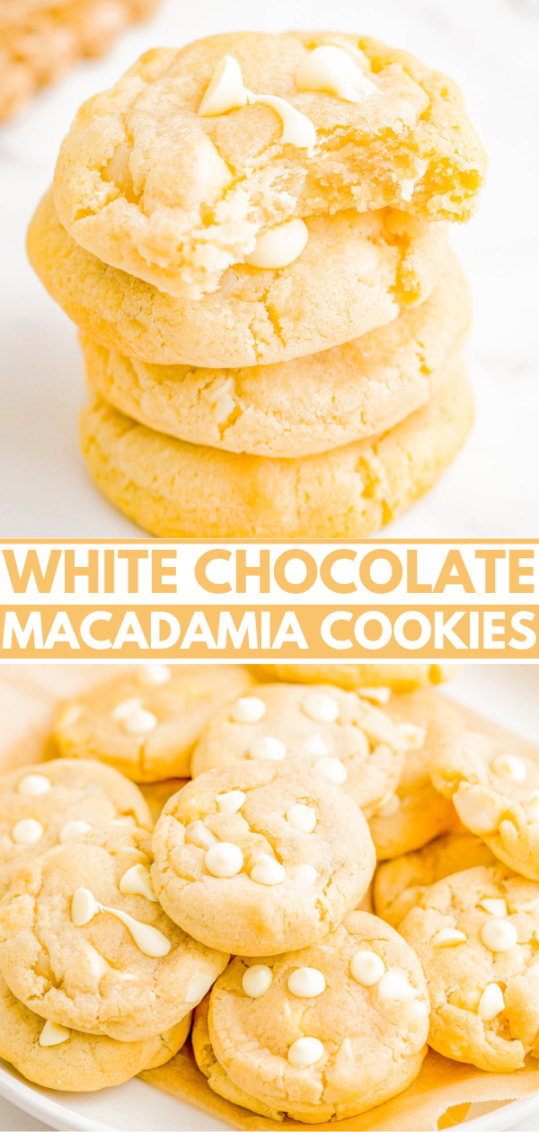 White Chocolate Macadamia Nut Cookies - These EASY white chocolate and macadamia nut cookies are the perfect combination of sweet, nutty, soft and chewy perfection! They're loaded with creamy white chocolate chips and crispy chunks of macadamia nuts and baked until slightly crisp on the outside with a perfectly soft and slightly chewy center. Learn how to make these cookies that are BETTER than from a bakery!