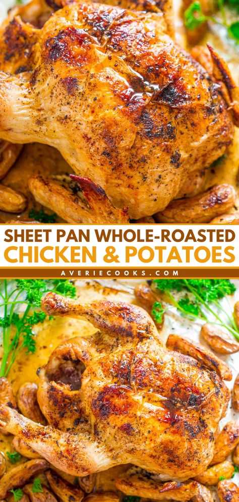 Whole roasted chicken and potatoes on a sheet pan, seasoned with herbs, displayed against a vibrant background.
