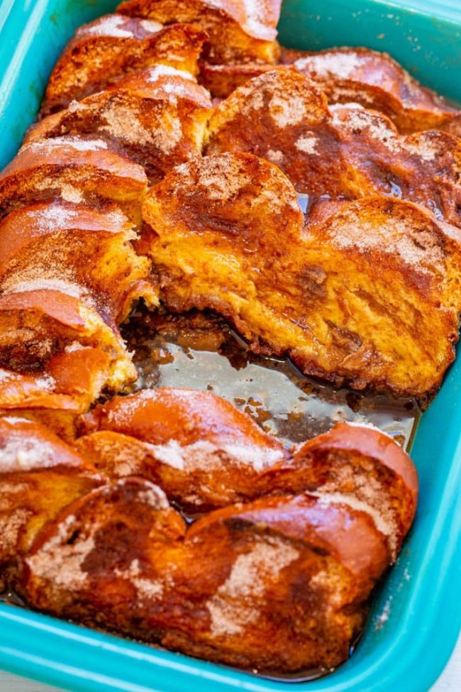 A baking dish filled with freshly baked cinnamon french toast casserole.