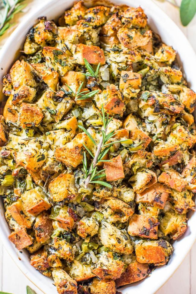 A dish of herb-seasoned bread stuffing, typically served as a side dish.