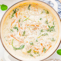 A pot of chicken gnocchi soup with spinach.