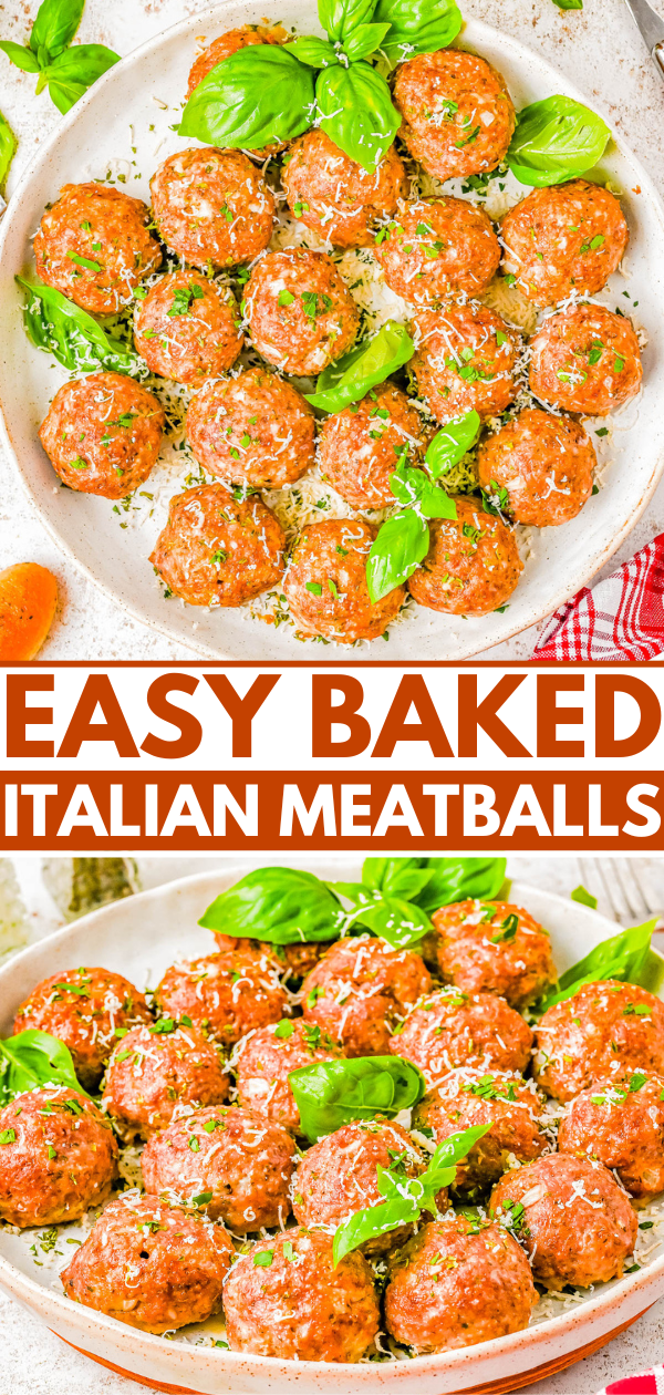 Baked Italian Meatballs — Ready in just 30 minutes, these quick and EASY baked meatballs come out perfectly moist and tender every time! There’s no need to brown the meatballs before baking, which cuts back on dishes and saves time! These are the BEST Italian meatballs for spaghetti, subs, casseroles, and more! 