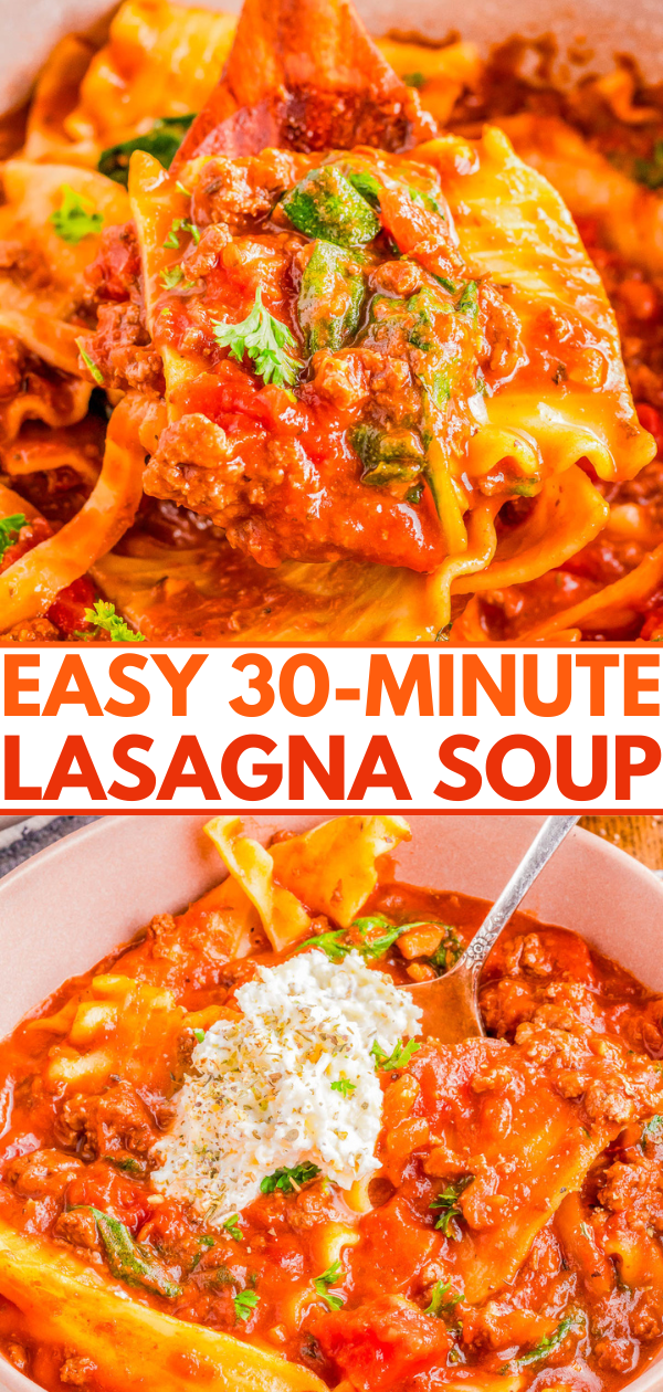Lasagna Soup with Ground Beef - Ready in 30 minutes and made in one pot, this EASY lasagna soup is the perfect, hearty, comfort food recipe! Big chunks of ground beef, tender noodles, a tomato-based broth, and topped with a three-cheese mixture of ricotta, mozzarella, and Parmesan! If you like lasagna, you're going to LOVE this soup version of the Italian classic!