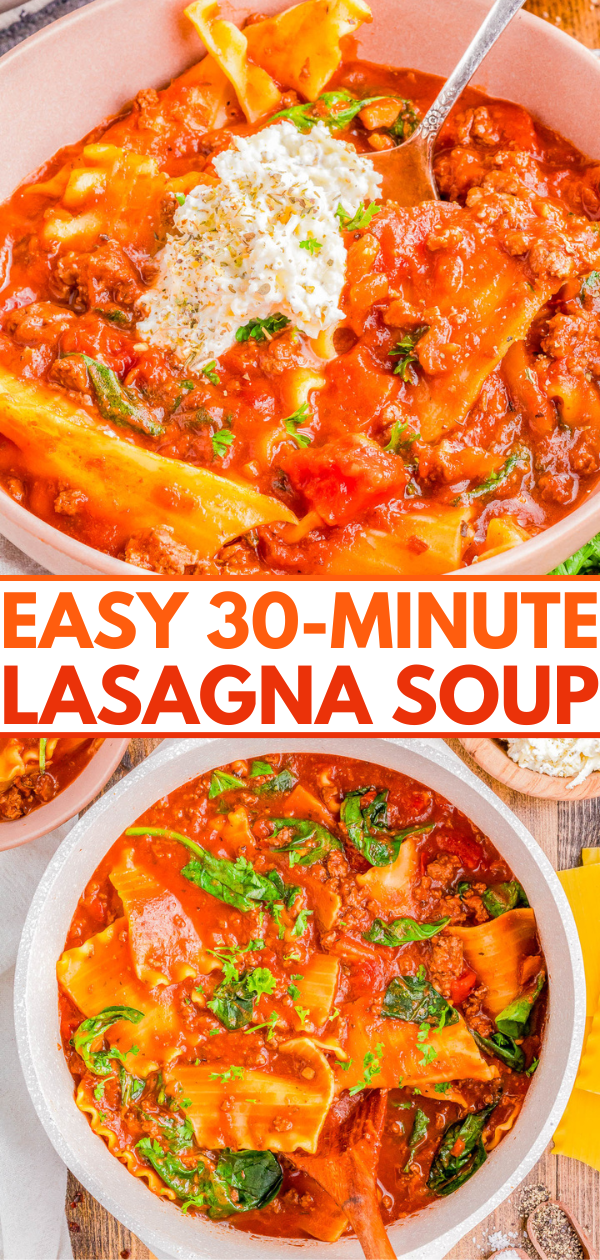 Lasagna Soup with Ground Beef - Ready in 30 minutes and made in one pot, this EASY lasagna soup is the perfect, hearty, comfort food recipe! Big chunks of ground beef, tender noodles, a tomato-based broth, and topped with a three-cheese mixture of ricotta, mozzarella, and Parmesan! If you like lasagna, you're going to LOVE this soup version of the Italian classic!