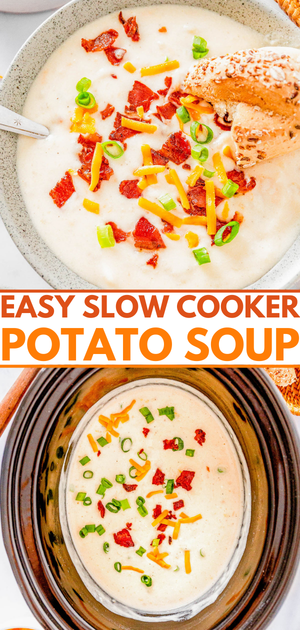 Easy Slow Cooker Potato Soup - This LOADED potato soup is reminiscent of your favorite LOADED baked potato recipe, but conveniently made in your Crock-Pot! In each bite there are tender potatoes amidst a creamy and cheesy broth, topped with crispy bacon bits, green onions, and topped with cheddar cheese for a COMFORT FOOD delight! Easy to make, great for busy weeknights, picky eater approved, and perfect for chilly weather!