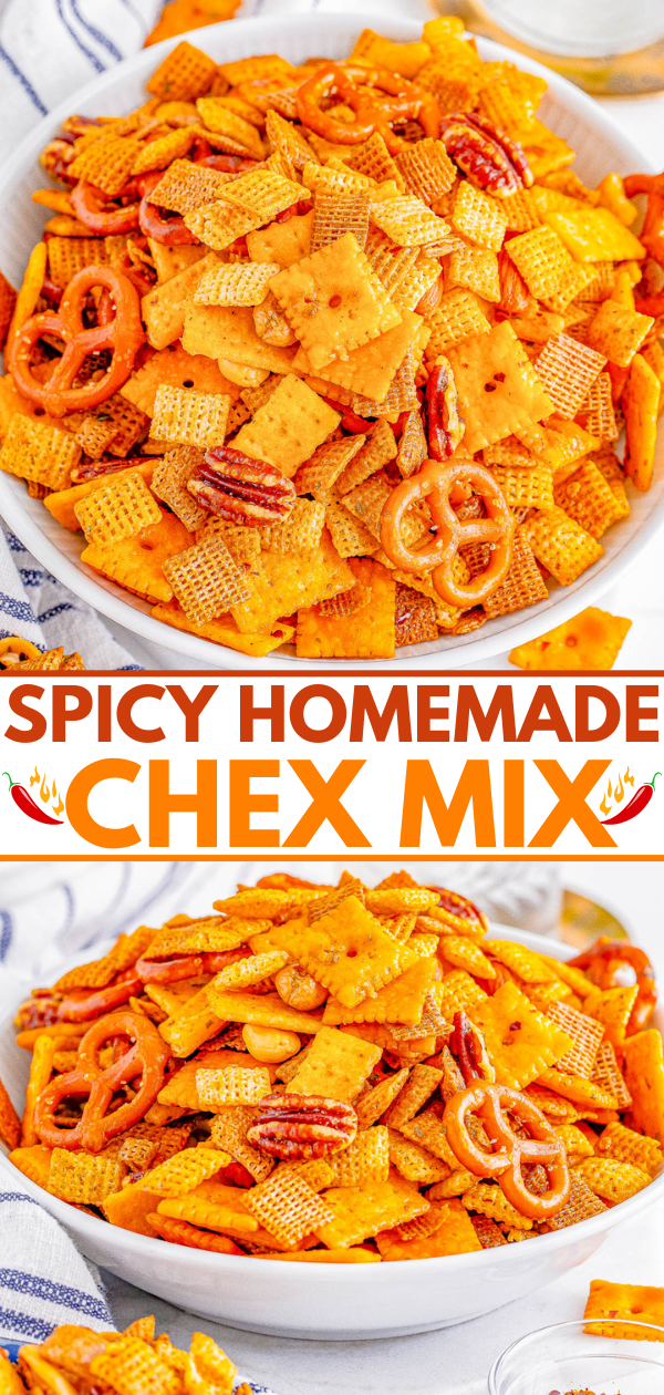 Spicy Chex Mix - Sometimes called firecracker Chex Mix because of the kick, but no matter what you call it, everyone loves this EASY homemade snack mix recipe! Chock full of Chex cereal, Cheez-Its, mini pretzels, mini Club Crackers, and mixed nuts. Melted butter seasoned with ranch dressing mix, garlic and onion powder, smoked paprika, and more give this BAKED snack mix recipe a bit of heat, savory, salty, and tiny bit sweet rolled into every addictive handful! 