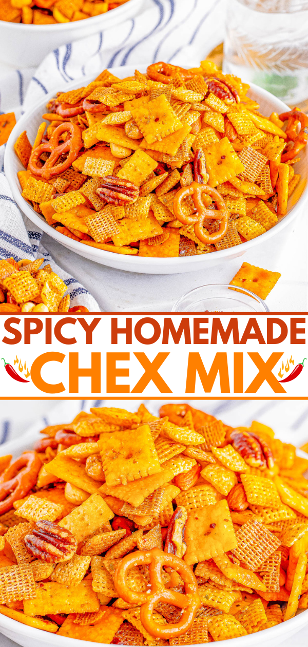Spicy Chex Mix - Sometimes called firecracker Chex Mix because of the kick, but no matter what you call it, everyone loves this EASY homemade snack mix recipe! Chock full of Chex cereal, Cheez-Its, mini pretzels, mini Club Crackers, and mixed nuts. Melted butter seasoned with ranch dressing mix, garlic and onion powder, smoked paprika, and more give this BAKED snack mix recipe a bit of heat, savory, salty, and tiny bit sweet rolled into every addictive handful! 