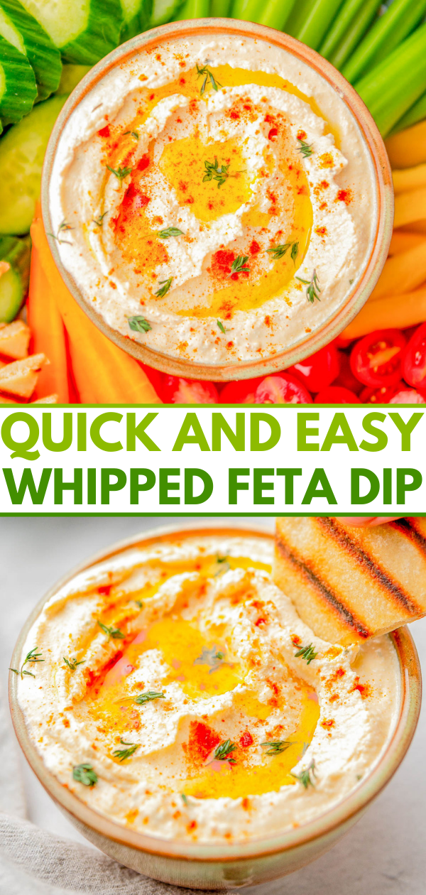 Whipped Feta Dip - Ready in just 5 minutes and made with feta cheese, Greek yogurt, lemon, garlic, olive oil, and a variety of spices, this creamy and EASY dip is a FAVORITE! Just the right amount of tangy-salty-creamy! It's PERFECT for holiday or casual entertaining, game day parties, or summertime backyard get-togethers and everyone will want the recipe!