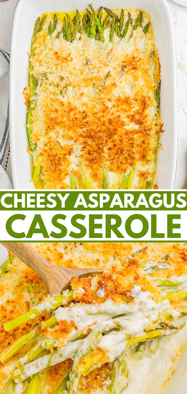 Asparagus Casserole - Smothered in a rich cream sauce, and layered with Parmesan and mozzarella cheeses, along with perfectly crispy breadcrumbs, this will be your new FAVORITE way to eat asparagus! Makes a wonderful holiday side dish from Thanksgiving to Easter, but it's FAST and EASY enough so you can serve it at weeknight dinners!