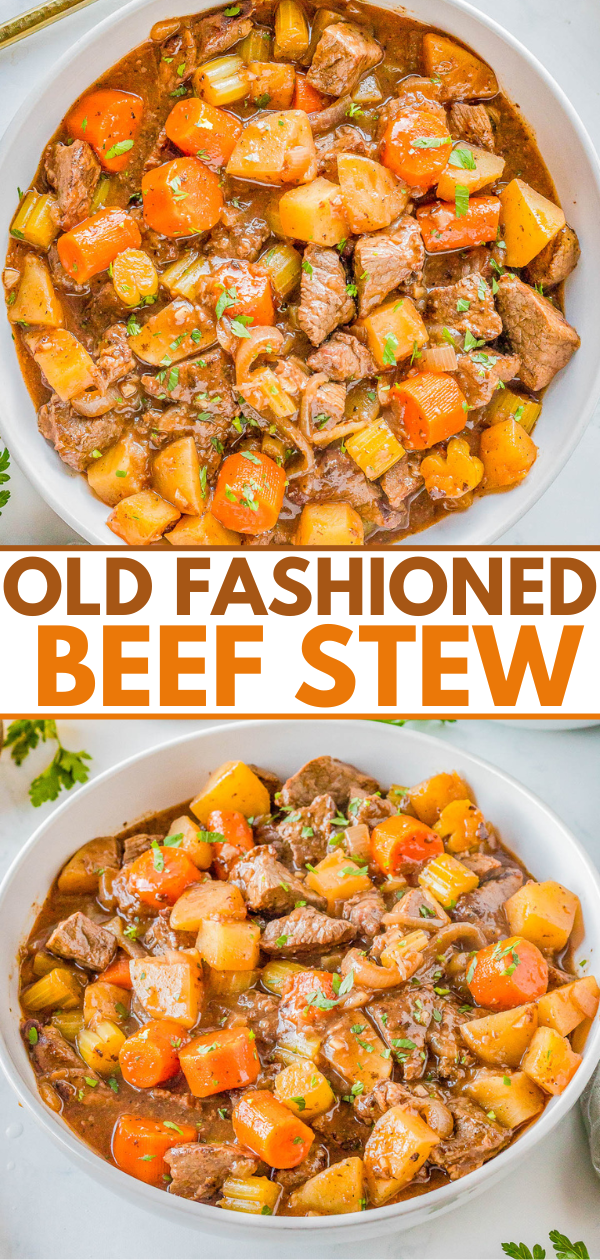 Old-Fashioned Beef Stew — A EASY stovetop recipe that features succulent pieces of beef with tender carrots and potatoes, all coated in a rich gravy! Make this COMFORT FOOD classic all winter long. It’s a simple recipe with minimal ingredients and very little hands on prep that the whole family will adore! 