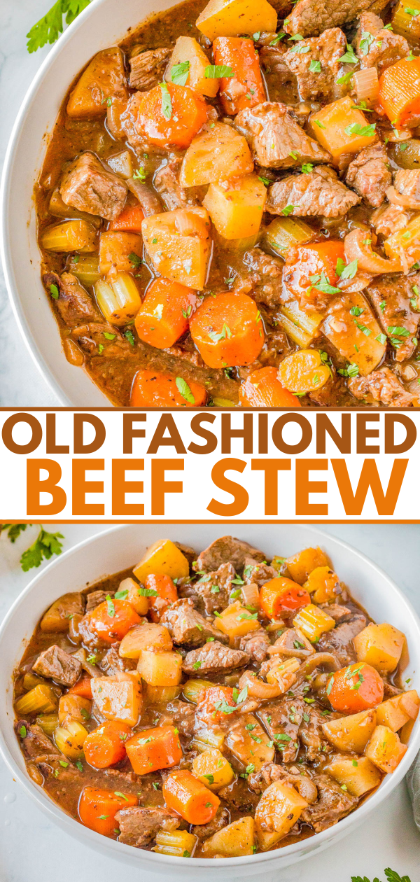 Old-Fashioned Beef Stew — A EASY stovetop recipe that features succulent pieces of beef with tender carrots and potatoes, all coated in a rich gravy! Make this COMFORT FOOD classic all winter long. It’s a simple recipe with minimal ingredients and very little hands on prep that the whole family will adore! 