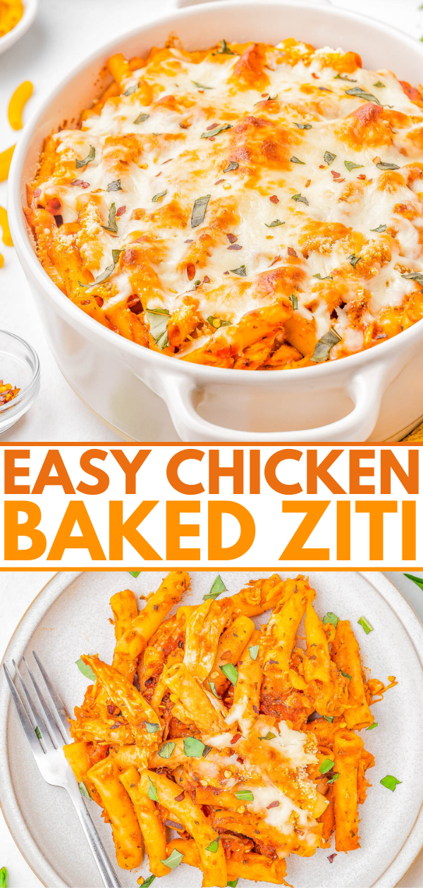 Baked Ziti with Chicken — A FAST and EASY pasta bake made with al dente ziti, juicy chicken, marinara sauce, and two types of CHEESE for the ultimate comfort food casserole! Ready in 45 minutes, perfect for weeknight dinners or casual family get-togethers, and picky eater approved! Use pasta that's in your pantry, a jar of marinara, rotisserie chicken, cheese, and you're set - nothing too fancy or complicated here and planned leftovers are a bonus! 